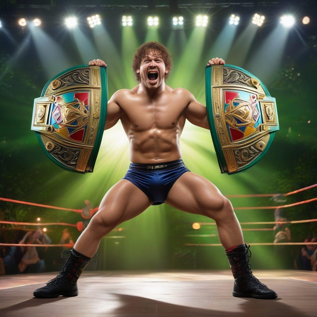A dynamic wrestling scene featuring a passionate fan holding a championship belt, surrounded by colorful health and life insurance symbols like shields and hearts. In the background, a wrestling ring under spotlight contrasts with a serene nature setting representing balance in life. The fan embodies energy and enthusiasm while looking determined. super-realistic. vibrant colors. 3D.