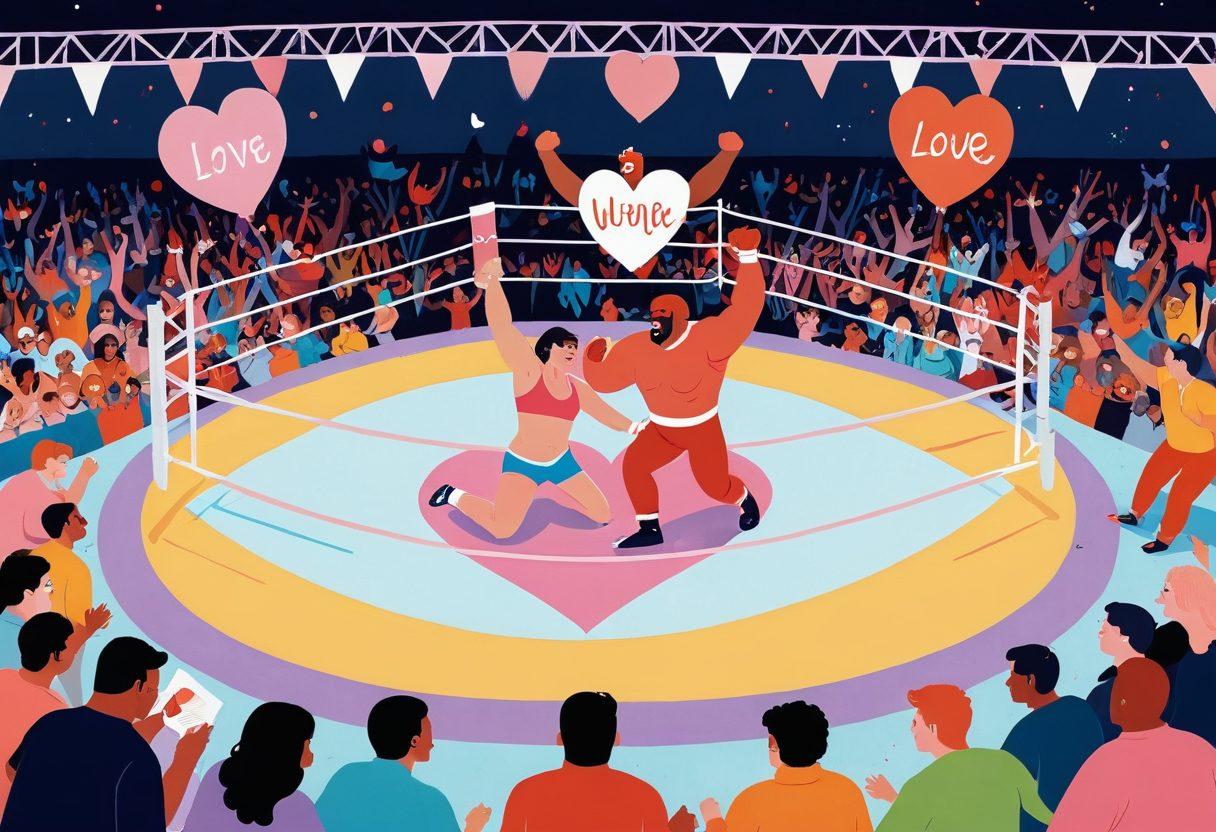 A whimsical illustration featuring a playful wrestling ring surrounded by heart-shaped insurance policies. Colorful wrestlers in vibrant costumes are playfully grappling with oversized love symbols while holding glowing insurance documents. Cheerful fans in the audience, holding signs of support, showcase a blend of passion for wrestling and love. Soft pastel colors create a warm, inviting atmosphere. cartoon art style. vibrant colors.