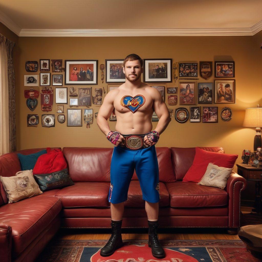 A passionate wrestling fan wearing a championship belt, standing at a wrestling ring adorned with heart-shaped props and soft lighting, symbolizing love and dedication. In the background, glimpses of a cozy living room filled with memorabilia and family photos, showcasing the balance between wrestling fandom and personal life. The scene radiates warmth and excitement. super-realistic. vibrant colors. warm lighting.